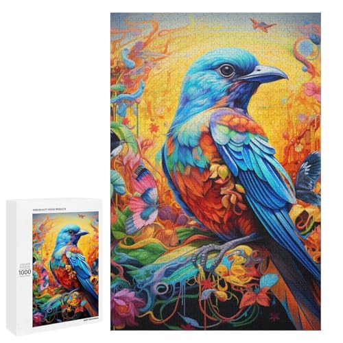 1000 teiliges Puzzle „Bluebird and Blooms“ für Erwachsene und Kinder runde Holzpuzzles pädagogisches Spielzeug zum Stressabbau (75 x 50 cm) von linghhiming