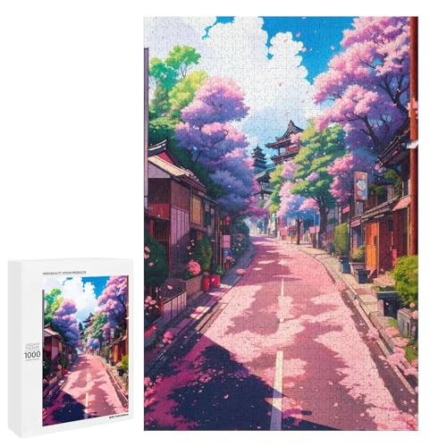 1000 teiliges Puzzle „Kirschblütenstraße“ für Erwachsene und Kinder runde Holzpuzzles pädagogisches Spielzeug zum Stressabbau (75 x 50 cm) von linghhiming