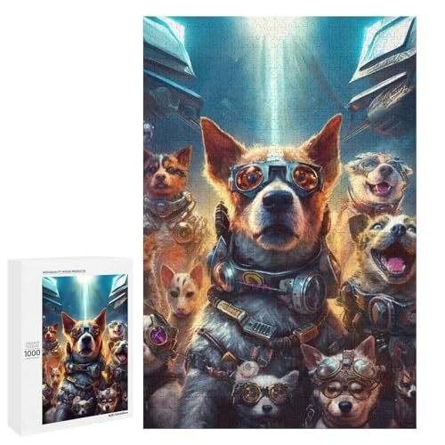 1000 teiliges Puzzle „SciFi Puppy Gang“ für Erwachsene und Kinder runde Holzpuzzles pädagogisches Spielzeug zum Stressabbau (75 x 50 cm) von linghhiming