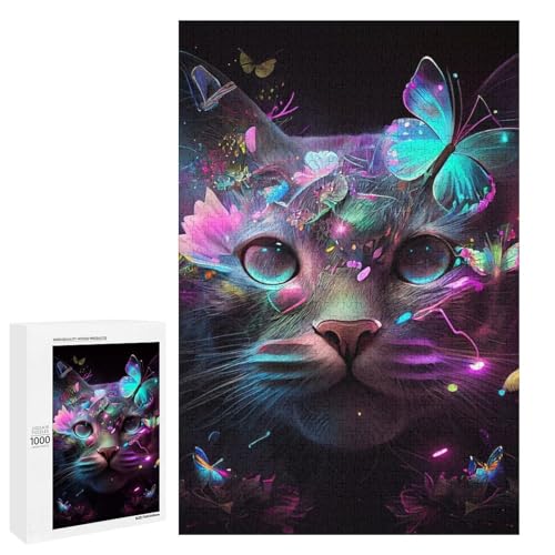 1000 teiliges Puzzle Bunte Katzen und Schmetterlinge Puzzle für Erwachsene und Kinder runde Holzpuzzles pädagogisches Spielzeug zum Stressabbau (75 x 50 cm) von linghhiming