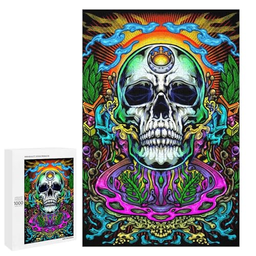 1000 teiliges Puzzle für Erwachsene Psychedelischer Totenkopf rundes Holzpuzzle für Erwachsene und Kinder Stressabbau Tool (75 x 50 cm) von linghhiming