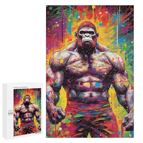 1000 teiliges Puzzle für Erwachsene farbenfrohes Gorilla Gemälde runde Holzpuzzles Lernspiel für Erwachsene Herausforderungsspielzeug (75 x 50 cm) von linghhiming