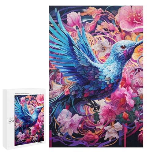 Puzzle „Bluebird and Blooms“ 1000 Teile Holz rund für Erwachsene und Kinder ab 12 Jahren lustiges Familienpuzzle (75 x 50 cm) von linghhiming