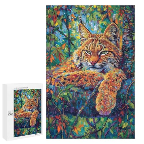 Puzzle für Erwachsene „Luchs im Baum“ 1000 teiliges Holz Rundpuzzle für Familienspiele (75 x 50 cm) von linghhiming