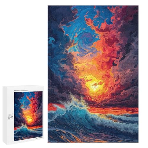 Puzzle für Erwachsene „Sonnenuntergang und Wellen“ 1000 Teile runde Holzpuzzles für Erwachsene und Kinder ab 12 Jahren (75 x 50 cm) von linghhiming