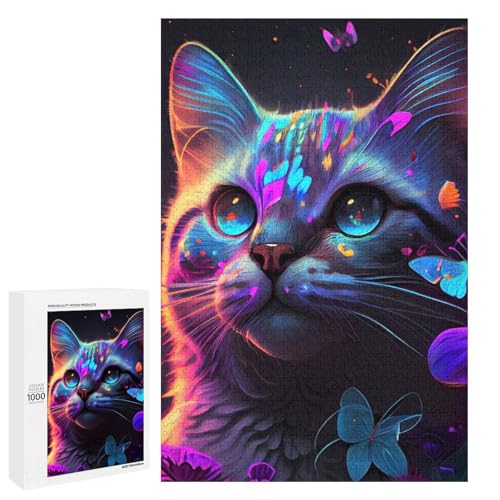 Puzzle für Erwachsene Bunte Katzen und Schmetterlinge Puzzleteile aus Holz rund für Kinder ab 12 Jahren anspruchsvolles Spiel (75 x 50 cm) von linghhiming