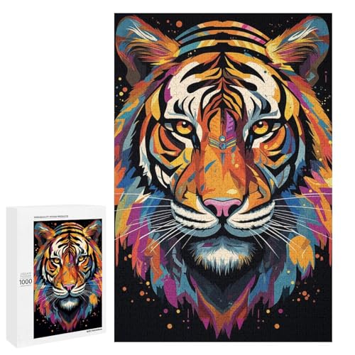 Puzzle für Erwachsene bunter Tiger 1000 Teile Holz Rundpuzzle für Erwachsene und Kinder ab 12 Jahren Lernspielzeug (75 x 50 cm) von linghhiming