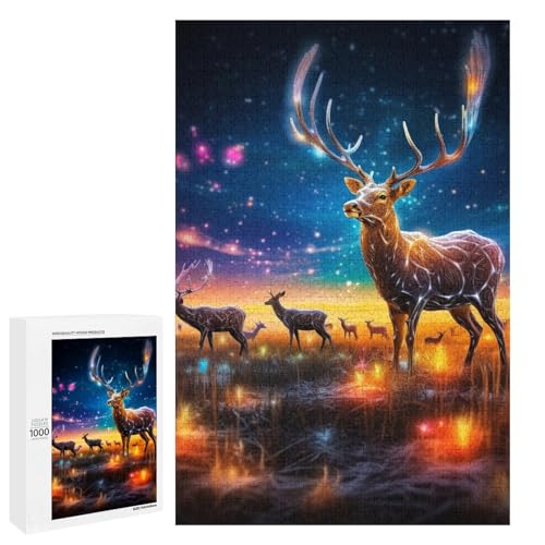 Puzzle für Erwachsene farbenfrohes Kunst Hirsch Puzzle 1000 Teile rundes Holzpuzzle für Kinder ab 12 Jahren Heimdekoration (75 x 50 cm) von linghhiming