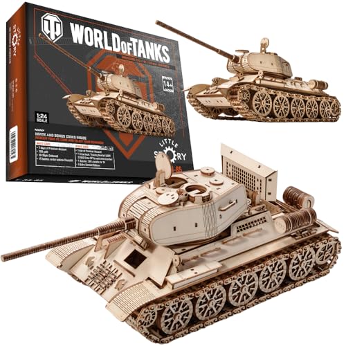 Holz Puzzle 3D Panzer T-34/85 - Historisches Modell des Zweiten Weltkrieges, Little Story, pädagogisches Puzzle für Kinder und Erwachsene, Ökologisches Modellfalt-Code Gratis von little story