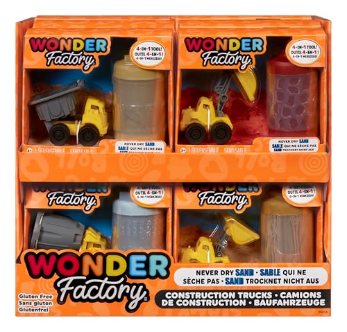 Wonder Factory Never Dry Sand Construction Trucks - Enthält 1 Laster & 1 Tube mit 104 ml Sand, Trocknet Nicht Aus, Glutenfrei, Kreatives Spielzeug für Kinder, Spielset mit Unendlichen Möglichkeiten von little tikes