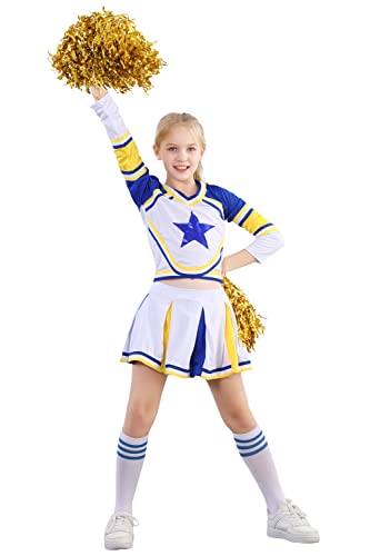 lonta Cheerleader-Kostüm für Kinder, Cheerleading-Kostüm, Uniform, Outfit mit Strümpfen, 2 Pompons (140/8–9 Jahre, Blau) von lontakids