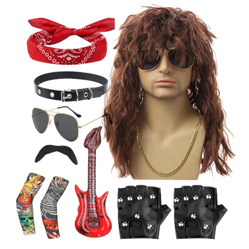 lovemetoo 80er-Rocker-Kostüm,80er-Rocker-Kostüm für Herren | 10-teiliges Halloween-80er-Jahre-Rocker-Kostüm-Set | Punk-Partyzubehör, inklusive Perücke, Stirnband, Kragen, Sonnenbrille, Handschuhen von lovemetoo
