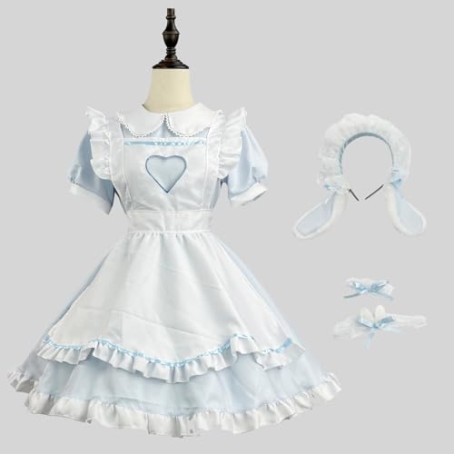 Dienstmädchen-kleid-kostüm, Cosplay-outfit Für Frauen Und Mädchen, Hollow Heart Maid Lolita Cosplay-kostüm Mit Kopfbedeckungsschürze, Dienstmädchen-verkleidung Für Halloween, Karn(Size:M,Color:Blau) von lovtuwr