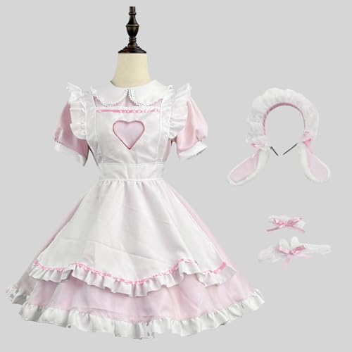 Dienstmädchen-kleid-kostüm, Cosplay-outfit Für Frauen Und Mädchen, Hollow Heart Maid Lolita Cosplay-kostüm Mit Kopfbedeckungsschürze, Dienstmädchen-verkleidung Für Halloween, Karnev(Size:M,Color:Rosa) von lovtuwr