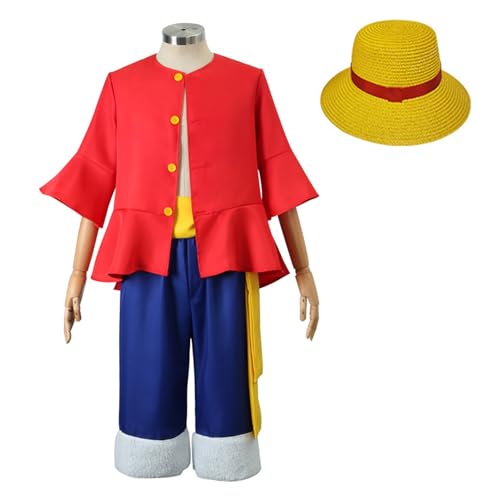 lovtuwr Anime-cosplay-kostüm, Einteiliges Cosplay-kostüm, Outfits, Monkey D. Ruffy, Kostümzubehör, Komplettes Set Mit Hut, Halloween-anzüge(Size:110,Color:rot) von lovtuwr