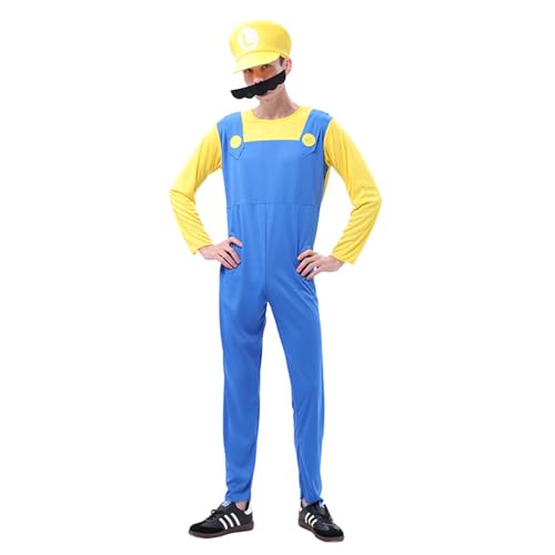 lovtuwr Mario Cosplay-kostüm-zubehör-sets Mit Body, Luigi-hüten, Mütze, Schnurrbärten, Mario Luigi Bros. Kostüm-outfit-kostüm Für Damen Und Herren(Size:Child-L,Color:gelb) von lovtuwr