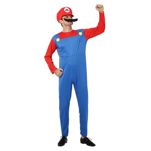 lovtuwr Mario Cosplay-kostüm-zubehör-sets Mit Body, Luigi-hüten, Mütze, Schnurrbärten, Mario Luigi Bros. Kostüm-outfit-kostüm Für Damen Und Herren(Size:Child-L,Color:rot) von lovtuwr