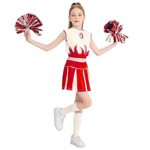 lozssnigzi Cheerleader Kostüm Mädchen: karnevalskostüm Cheerleading Uniform Sommer Mädchenkostüm, Top, Rock, Socken & Handball-Zubehör, Gr 110-160 von lozssnigzi