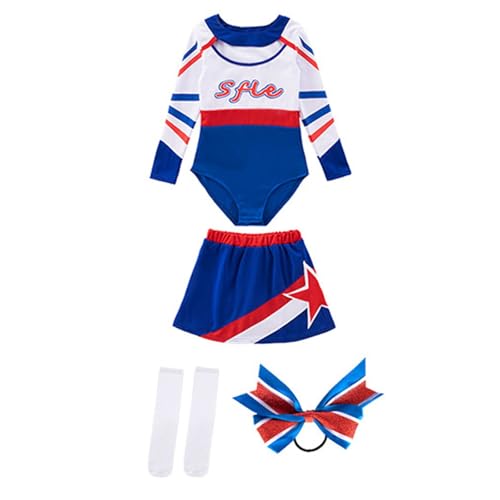 lozssnigzi Cheerleader Outfit Mädchen: Sommer Cheerleading Uniform Faschingskostüme Cheerleader Kostüm Gr. 110-170: Body, Rock, Socken, schleife Haarschmuck von lozssnigzi