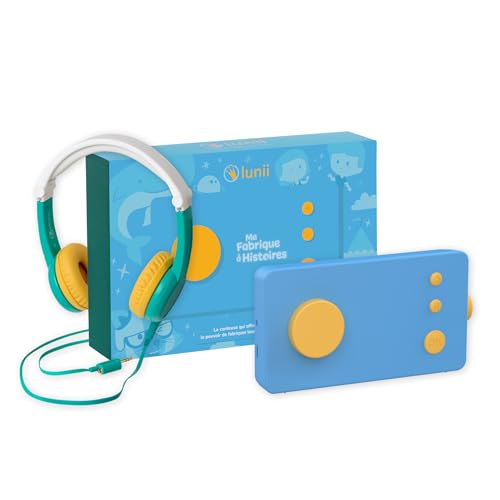 Lunii 3760361142210 Reise-Set Ma Fabrique à, Blau und Oktave – Geschichtenbox mit Octave Audio Kopfhörer für Kinder – Hörbuch mit 24 interaktiven Geschichten inklusive – Neues Modell von lunii