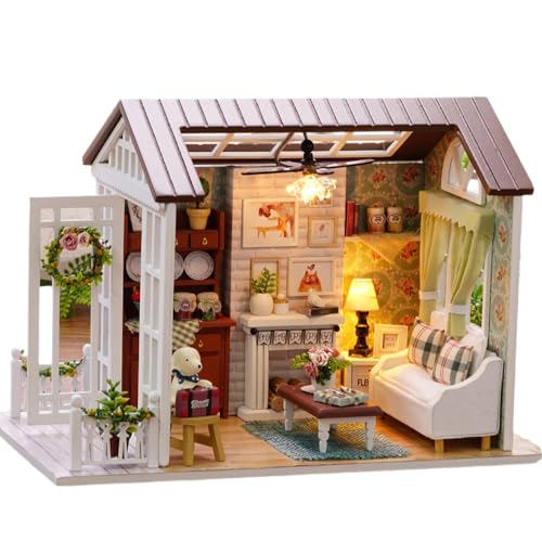 lvifloae DIY Miniatur-Haus-Set, Gewächshaus, Miniatur-Hütte, Mini-Spielzeughaus, zusammengebaut, mit 2 LED-Lichtern, Halloween-Weihnachtsdekorationen, e für Familie und Freunde von lvifloae