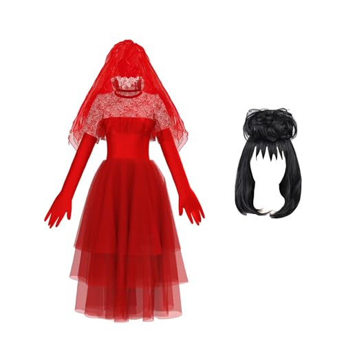 lxxZuvR Lydia Deetz Kostüm, rotes Hochzeitskleid mit Perücke, Geisterbraut, Cosplay-Outfit, Halloween-Kostüm für Frauen und Mädchen von lxxZuvR