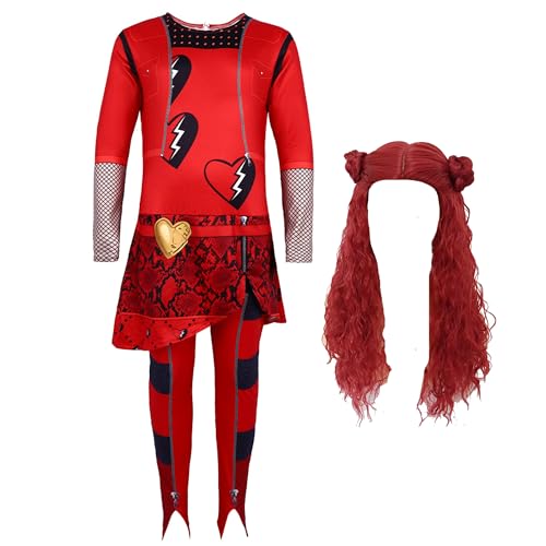 lxxZuvR Rotes Halloweenkostüm für Mädchen, Cosplay-Overall und lange, lockige, rote Perücke mit 2 Dutts, Party-Outfit, 5–12 Jahre von lxxZuvR