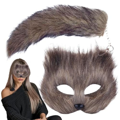 lyanny Plüsch-Katzen-Fuchs-Maske und Schwanz-Set, Tierschwanz-Cosplay-Maskerade-Set für Mädchen, pelzige Party-Katzenmaske Ostermaske Maskerade-Maske Cosplay-Kostüm von lyanny
