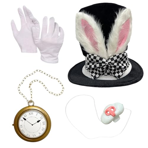 lyanny Weißer Häschen Kostüm Zubehör Set | Plüschohren Hut Nasenaccessoire Handschuhe mit Uhr,4-teiliges Zubehör für Mottopartys Rollenspiel Veranstaltungen lyanny Weißer Häschen Kostüm Zubehör Set | Plüschohren Hut Nasenaccessoire Handschuhe mit Uhr,4-teiliges Zubehör für Mottopartys Rollenspiel Veranstaltungen von lyanny