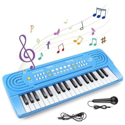 m zimoon Klavier Keyboard Kinder ab 3 4 5 6 7 8 Jahren, 37 Tasten Elektronische Musik Klavier mit Mikrofon, Tragbare Multifunktions Musikinstrumente, Geschenke für Jungen/Mädchen/Anfänger (Blau) von m zimoon