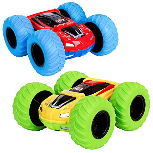 m zimoon Zurückziehen Auto, Trägheit Monster Truck Spielzeugautos, Doppelseitige Reibungsbetriebene Fahrzeuge Auto für Kinder ab 3 Jahren (2 Stück, Blau/Grün) von m zimoon