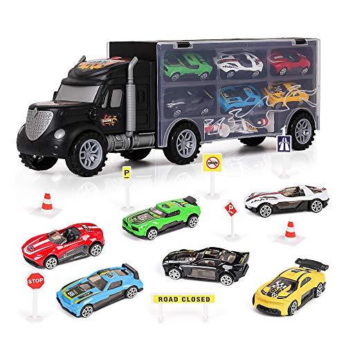 m zimoon LKW Autotransporter Spielzeug, Transport Träger Truck Spielzeugauto Set mit 8 Zubehör und 6 Mini Metallauto Kindergeburtstag Gastgeschenke Geschenk für 2-8 Jahre alte Jungen Mädchen Kinder von m zimoon