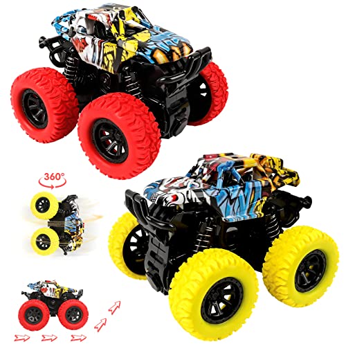 m zimoon Monster Truck Spielzeug Auto, 2 Stück Reibungsbetriebene LKW Zurückziehen, 360 Grad Rotierende Trägheit Fahrzeug Spielzeugautos, Geschenk für Kinder Jungen Mädchen ab 3 Jahren (Rot & Gelb) von m zimoon