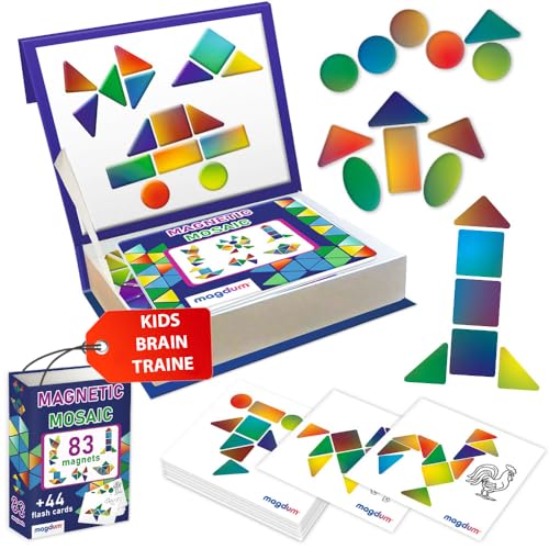 MAGDUM Tangram Kinder - 83 Stück geometrische Formen Magnete - 44 Stück lernkarten Kinder - Magnet Spielzeug Kinder - Montessori Spielzeug - Magnetspiel - Tangram magnetisch - Magnetspiele für Kinder von magdum