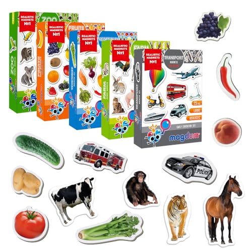 magdum 110 Zoo + BAUERNHOFTIERE + Obst + GEMÜSE + Transport Foto Magnete Kinder für magnettafel - Magnet Spielzeug Kinder - Kühlschrankmagnete Kinder -Spielzeug ab 3 Jahre - Lernspiele ab 3 Jahre von magdum