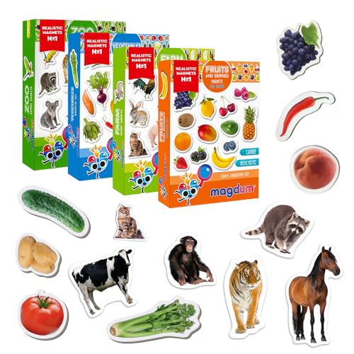 magdum 85 Kinder Magnete Zoo + BAUERNHOFTIERE + Obst + GEMÜSE Foto Magnete Kinder für magnettafel - Magnet Spielzeug Kinder - Kühlschrankmagnete Kinder -Spielzeug ab 3 Jahre - Lernspiele ab 3 Jahre von magdum