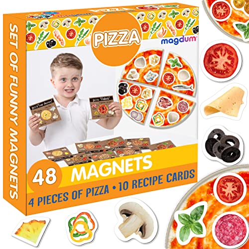 Pizza spielzeug MAGDUM magnet spiel - 48 Kühlschrankmagnete Kinder- Rollenspiele kinder - Lebensmittel spielzeug - Küchenspielzeug -Kühlschrank magnete set kinder -Magnetspiele für kinder-Magneten set von magdum