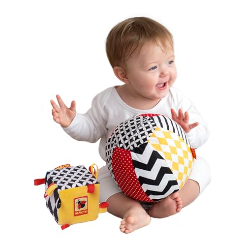 magdum 2 Set Spielwürfel Baby + Stoffball - Motorikspielzeug ab 1 Jahr - Baby Spielzeug 6 Monate - Montessori Spielzeug - Lernspielzeug 1 Jahr - Baby Geschenk - Ball Baby - Würfel Baby - Babygeschenke von magdum