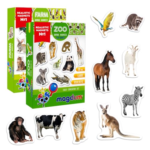 magdum Magnete Tiere Bauernhoftiere + Zoo Foto - 35 GROßE Kühlschrank Magnete für Kleinkinder - Kinder Magnete - Magnete für magnettafel - Magnete kühlschrank - Magnete Kinder - Magnettafel Kinder von magdum