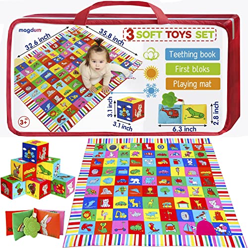 magdum Spielzeug Set Meine kleine Welt Babyspieldecke Spielmatte + Crinkle Stoffbuch Knisterbuch Baby + 6 Stoffwürfel - Aktivität Baby Geschenke Geburt - Baby 6 Monate Babyspielzeug Motorikspielzeug von magdum