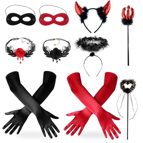 magnetspiele Teufel Handschuhe Haarreif Dreizack Set, Engel-Stirnband, Handschuhe Teufelheugabel, Accessoire Handschuhe Kostüm für Karneval Fasching Party Cosplay von magnetspiele