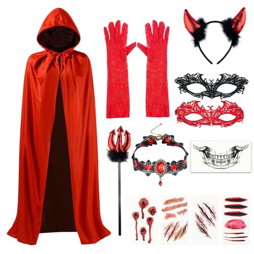 magnetspiele Halloween Vampir Umhang, Halloween Kostüm Damen Vampir Umhang, Schwarz Rot Doppelseitiger Umhang mit Kapuze, Halloween Teufel Kostüm, für Karneval Halloween Cosplay von magnetspiele