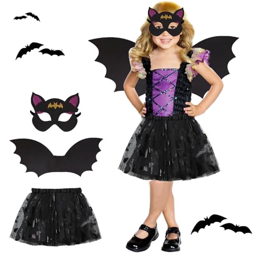 magnetspiele Halloween Fledermaus Kostüm Kinder Set, 3 Stück Fledermaus Kostüm Kinder Mädchen Set, Halloween Kostüm Kinder Fledermaus, Fledermaus Flügel Kostüm, für Party Mottoparty Fasching(Schwarz) von magnetspiele