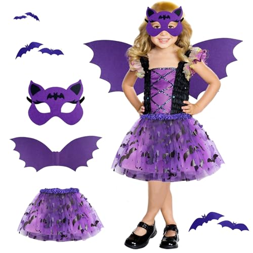 magnetspiele Halloween Fledermaus Kostüm Kinder Set, 3 Stück Fledermaus Kostüm Kinder Mädchen Set, Fledermaus Flügel Kostüm, Halloween Kostüm Kinder Fledermaus, für Party Mottoparty Fasching(Lila von magnetspiele