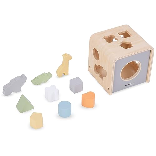 Mamabrum, Formensortierer aus Holz mit Blöcken – 9 Elemente, Holzkiste mit abgerundeten Seiten, 9 Blöcke in verschiedenen Formen Stapelspiel für Babys, Sortierbox für Kinder von mamabrum