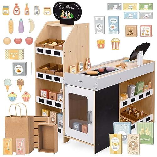 Mamabrum, Holz Gemüse- Großer Stragan, Spiel-Shop, Großer Stragan, Zahlreiche Lebensmittel, Fast Food, Früchte, Gemüse, Geldscheine, Münzen, Für Kinder küchen Spielzeug Holz von mamabrum