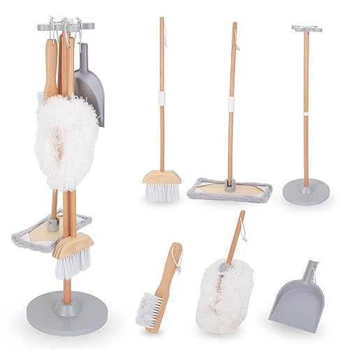 Mamabrum - Holz Reinigungssatz,Holzaufbewahrungsständer, Schaufel, Besen, Mopp mit Softauflage, Staubwedel, kinder reinigungsset Holz kinderbesen set von mamabrum