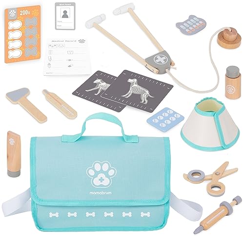 Mamabrum, Holz Tierarzt Set, Medizinischer Kragen, Snacks für Puppen, 4 Fische, 4 Knochen, 5 Medizinische Accessoires, 4 Arzneimittel, 2 Röntgenbilder tierklinik Spielzeug kinder von mamabrum