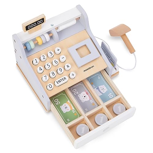 Mamabrum, Holzkasse mit Zubehör, ausgestattet mit numerischer Tastatur, Abakus und Holzscanner, für Kinder ab 3 Jahren kaufladen zubehör Kasse spielkasse von mamabrum