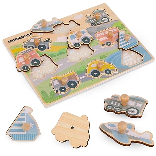 Mamabrum, Puzzle aus Holz – Transportmittel, Auto, Feuerwehrauto, Krankenwagen, Zug, Flugzeug, Bus, Muldenkipper, Schlepper, Boot holzpuzzle Baby holzpuzzle Kinder 1 Jahr von mamabrum